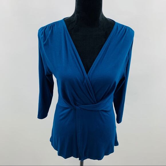 Loveappella Teal V Neck with Drape Front Twist - Picture 6 of 12